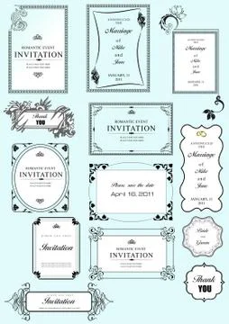 Set of ornate vector frames and ornaments with sample text. Perfect as invita Stock Illustration