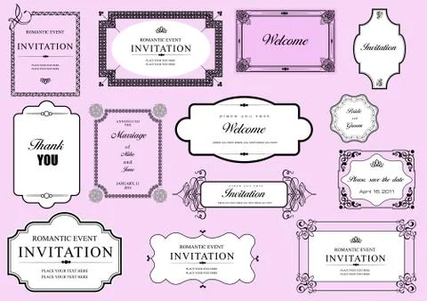Set of ornate vector frames and ornaments with sample text. Perfect as invita Illustrazione stock