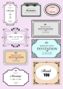 Set of ornate vector frames and ornaments with sample text. Perfect as invita Stock Illustration