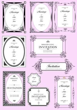 Set of ornate vector frames and ornaments with sample text. Perfect as invita Stock Illustration