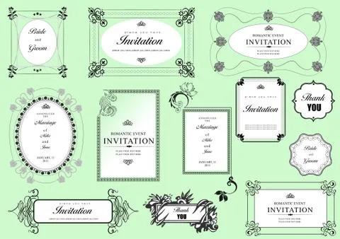 Set of ornate vector frames and ornaments with sample text. Perfect as invita Stock Illustration