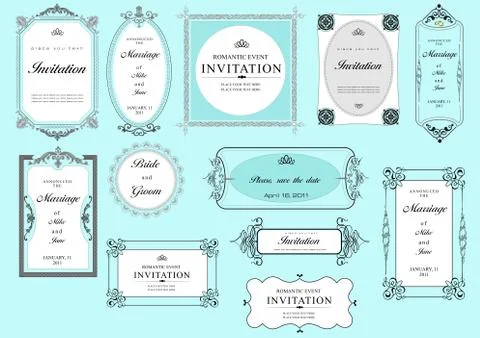 Set of ornate vector frames and ornaments with sample text. Perfect as invita Stock Illustration