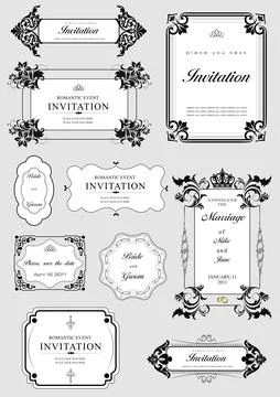 Set of ornate vector frames and ornaments with sample text. Perfect as invita Stock Illustration