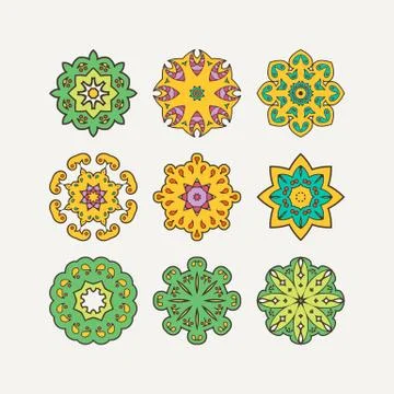 Set of ornate vector mandala symbols. Mehndi lace tattoo. Oriental weave with Illustrazione stock