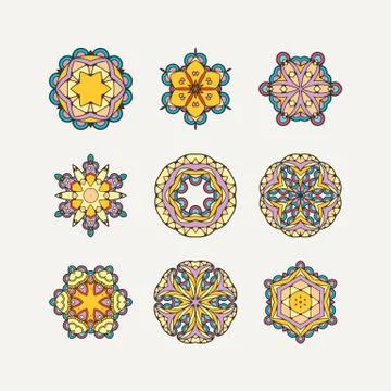 Set of ornate vector mandala symbols. Mehndi lace tattoo. Oriental weave with Stock Illustration