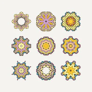Set of ornate vector mandala symbols. Mehndi lace tattoo. Oriental weave with 스톡 일러스트