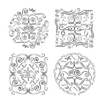 Set of ornate vintage design elements with calligraphy swirls banners round Stock Illustration