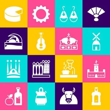 Set Orujo, Montjuic castle, Windmill, Earrings, Spanish guitar, Concert hall de Stock Illustration