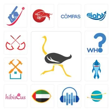 Set of ostrich, import export, audio visual, uae flag, hibiscus, shark mascot Free Stock Illustration