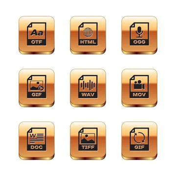 Set OTF file document, DOC, TIFF, WAV, GIF and OGG icon. Vector 库存插图