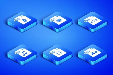 Set OTF file document, EPS, CSS, WAV, RUBY and PHP icon. Vector Stock Illustration