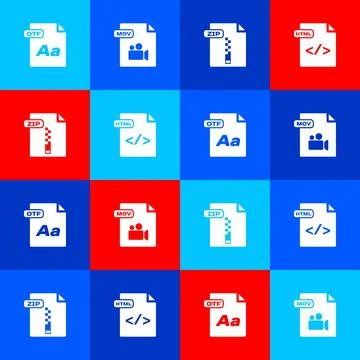 Set OTF file document, MOV, ZIP and HTML icon. Vector Illustrazione stock