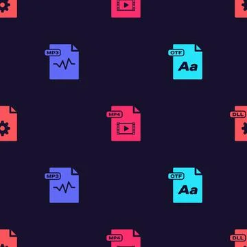 Set OTF file document, MP3, MP4 and DLL on seamless pattern. Vector Stock Illustration