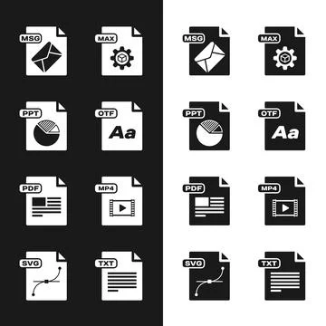 Set OTF file document, PPT, MSG, MAX, PDF, MP4, TXT and SVG icon. Vector Stock Illustration