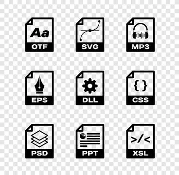 Set OTF file document, SVG, MP3, PSD, PPT and XSL icon. Vector 库存插图