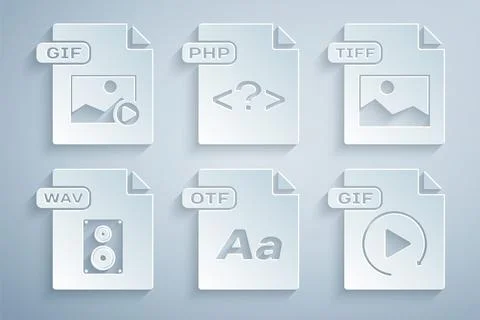 Set OTF file document, TIFF, WAV, GIF, PHP and icon. Vector Illustration