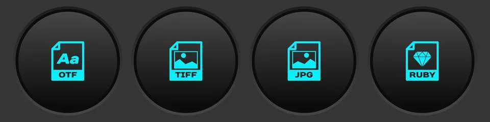 Set OTF file document, TIFF, JPG and RUBY icon. Vector Illustrazione stock