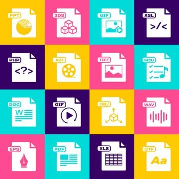 Set OTF file document, WAV, M3U, GIF, AVI, PHP, PPT and TIFF icon. Vector イラスト素材