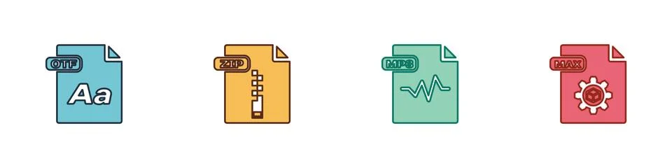 Set OTF file document, ZIP, MP3 and MAX icon. Vector Stock Illustration