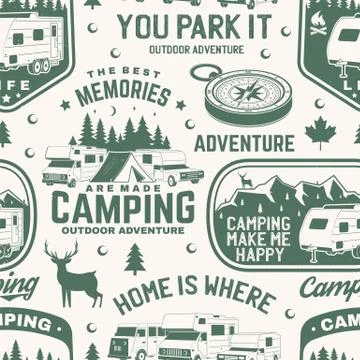 Set of outdoor adventure seamless pattern, background. Vector. Seamless camping Stock Illustration