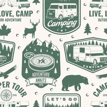 Set of outdoor adventure seamless pattern, background. Vector. Seamless camping Stock Illustration