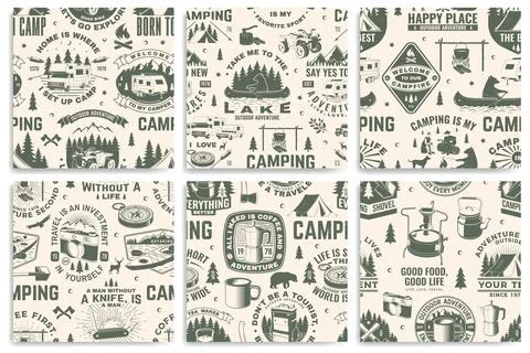 Set of outdoor adventure seamless pattern, background. Vector. Seamless camping Stock Illustration