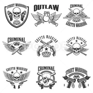 Set of outlaw, criminal, street warrior emblems. Skulls with wings, guns and Stock Illustration
