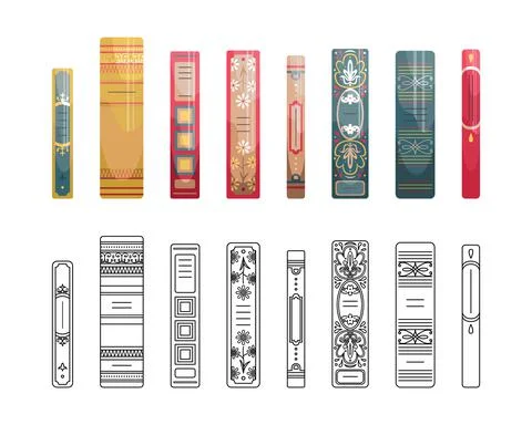 A set of outline and flat spines of books in retro style, classic editions. Stock-Illustration