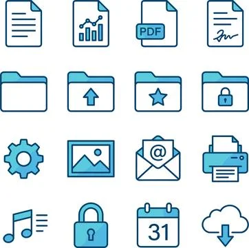 Set of Outline Blue Icons for Documents Folders Settings and Communication. Stock Illustration