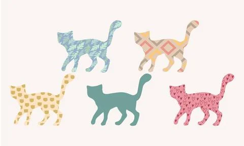 Set of outline cats with different patterns. Simple cat silhouette Stock Illustration