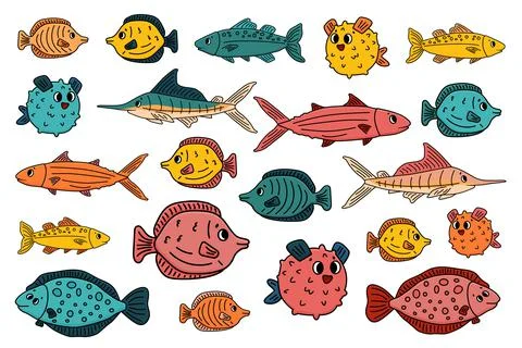 Set of outline different cartoon vector underwater fish, tang, flounder, tuna Stock Illustration
