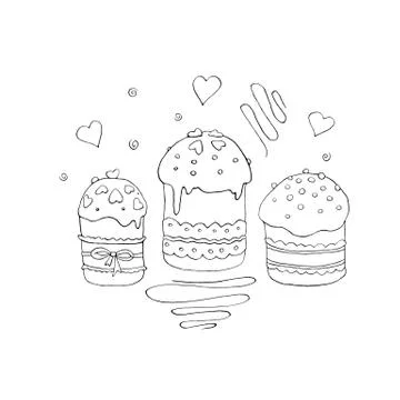 Set of Outline Easter cakes or sweet bread or Paska. Simple hand drawn illust 스톡 일러스트