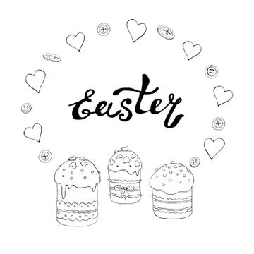 Set of Outline Easter cakes or sweet bread or Paska. Simple hand drawn illust 스톡 일러스트