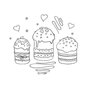 Set of Outline Easter cakes or sweet bread or Paska. Simple hand drawn vector Stock Illustration