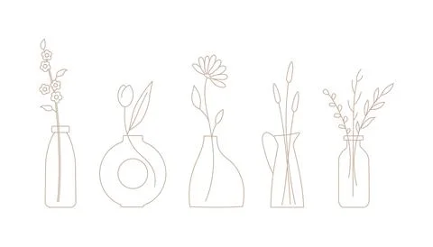 Set of outline flowers, twigs in ceramic vases. Bouquet vector illustration for Stock Illustration