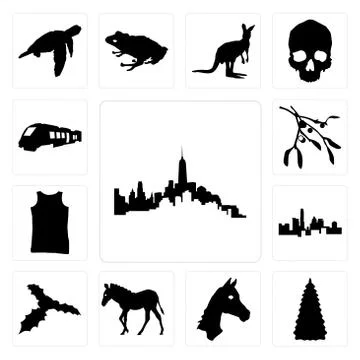 Set of outline manhattan on white background, christmas tree images horse fac Free Stock Illustration