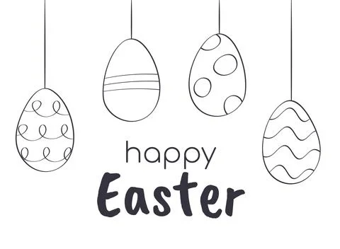 Set outline patterned Eggs on String. Text happy Easter. Hand-drawn pencil Stock Illustration