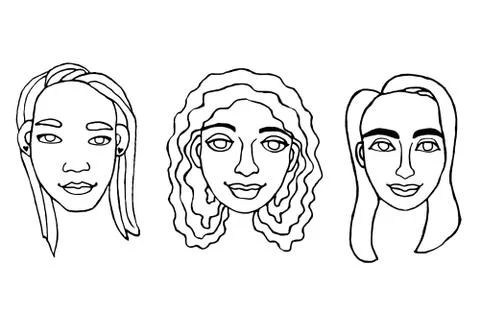 Set of Outline people faces . Hand drawn heads of a man, woman, kid, boy or g Stock Illustration