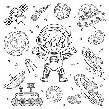 Set of outline space elements for coloring page 스톡 일러스트