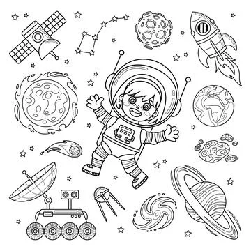 Set of outline space elements for coloring page Stock Illustration