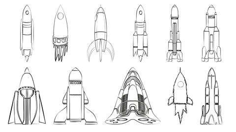 Set of outline space rockets isolated on white. Vector. Stock Illustration