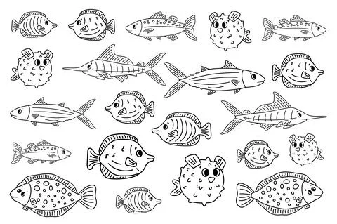 Set of outline white black different cartoon vector underwater fish, tang, fl Stock Illustration