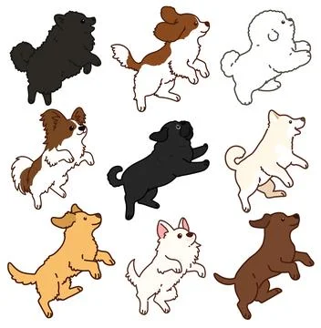 Set of outlined adorable and fluffy dogs jumping Stock Illustration