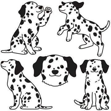 Set of outlined cute and simple Dalmatian Dog illustrations Stock Illustration