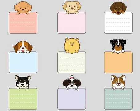 Set of outlined cute and simple dog heads with front paws holding a note Stock Illustration
