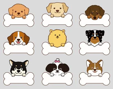 Set of outlined cute and simple dog heads with front paws holding a bone Stock Illustration