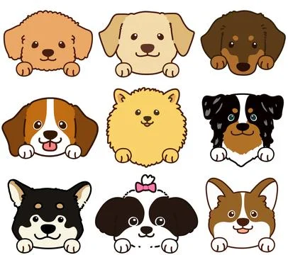 Set of outlined cute and simple dog heads with front paws Stock Illustration