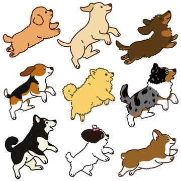 Set of outlined cute and simple dog jumping and playing Stock Illustration