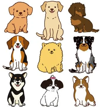 Set of outlined cute and simple dog sitting in front view Stock Illustration