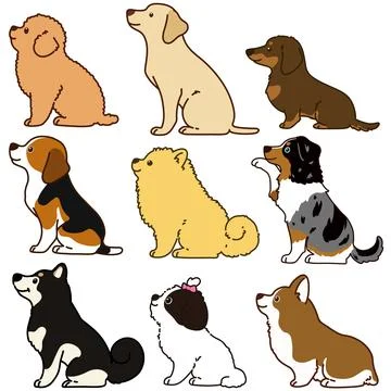Set of outlined cute and simple dog sitting in side view Stock Illustration